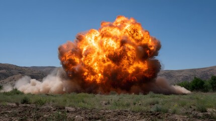 A massive fiery explosion erupts in a dry grassy landscape under a clear blue sky sending smoke and debris outward with immense force
