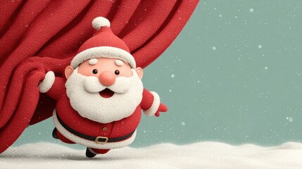 Cute 3D Santa Claus peeking from red curtain with snow