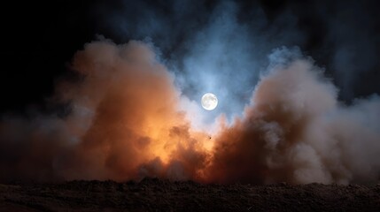 A full moon shines through dramatic orange and blue smoke clouds at night over rough ground