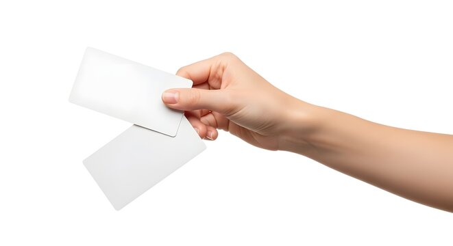 Female hand holding two blank white business cards or flyers, isolated on a white background, perfect for a mockup template