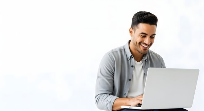 Happy young man confidently working on his laptop, enjoying seamless online communication and productive digital work against a clean white background
