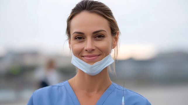 Close up portrait of a smiling female nurse in blue scrubs mask pulled down holding a syringe outdoors during twilight