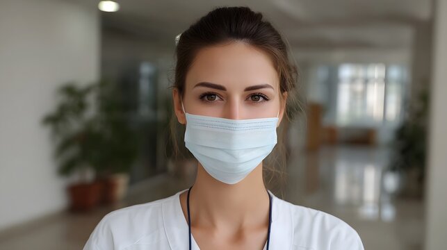 A medical professional wearing a protective mask looks directly ahead in a brightly lit hospital corridor conveying a sense of care and safety