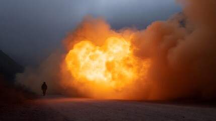 Obraz premium A solitary figure walks away from a powerful orange explosion and billowing smoke on a dirt road at twilight