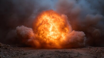 A powerful orange and red explosion erupts in a cloud of dust and smoke against a dark sky