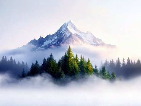 A majestic snow-capped mountain peak rises above a dense evergreen forest shrouded in ethereal mist.