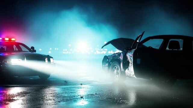 Police car lights illuminate a dramatic accident scene at night with smoke and fog 4k high quality footage