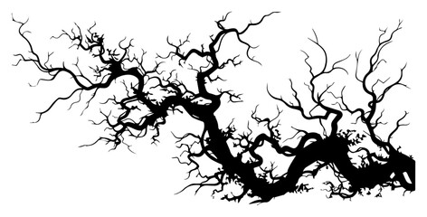 Spooky dead tree silhouette with twisted branches and roots black and white nature vector illustration