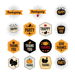 Obraz premium Set of 15 festive thanksgiving and party badges with autumn leaves and pumpkins, perfect for holiday decorations and invitations