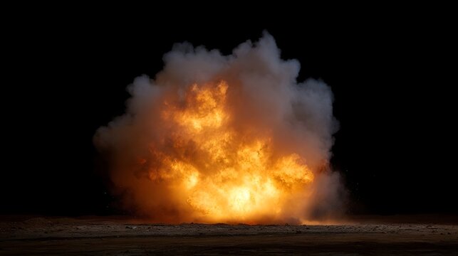 A powerful explosion erupts with a bright orange fireball and dark smoke against a black background - Powered by Adobe