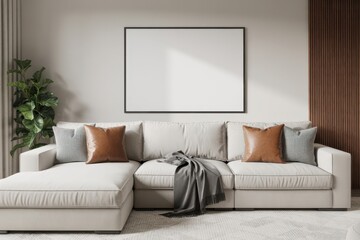 Modern living room interior with large sofa and empty frame mockup