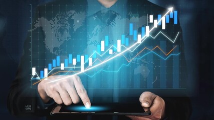 A businessman uses a tablet to analyze data trends, illustrated by graphs and a digital world map. This image embodies technology, growth, and strategic business analysis. Copula - Powered by Adobe