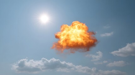 A dramatic burst of intense orange and yellow fire erupts in the bright blue sky with the sun shining and scattered white clouds below