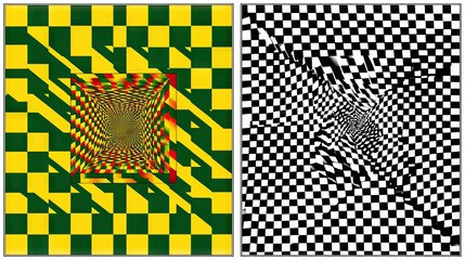 Fototapeta premium Two abstract images featuring checkerboard patterns, one in yellow and green with a tunnel effect, and the other in black and white with a swirling distortion.