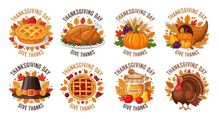 Thanksgiving day celebration with turkey, pumpkin pie, corn, and autumn decorations on