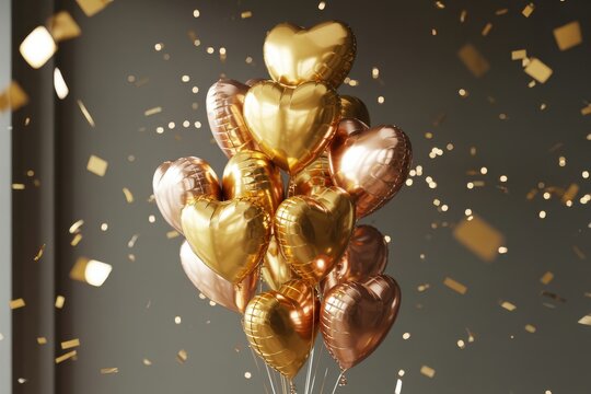 Bunch of golden and bronze balloons falling gold confetti rain down