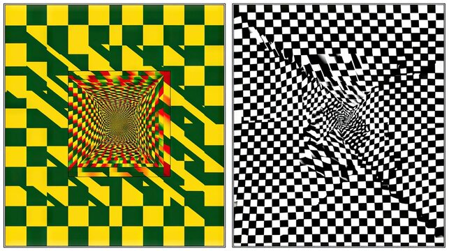 Two abstract images featuring checkerboard patterns, one in yellow and green with a tunnel effect, and the other in black and white with a swirling distortion.