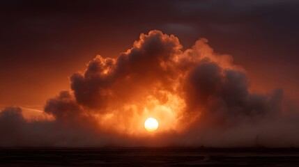 Fototapeta premium The sun emerges dramatically from behind a fiery cloud formation during a vivid sunset creating an atmospheric haze