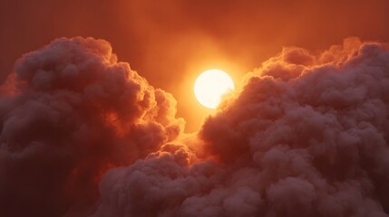 A dramatic sunset illuminates dense turbulent smoke clouds evoking a powerful atmospheric event or celestial inferno
