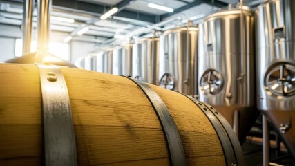 Brewery production with wooden barrel in foreground and stainless steel fermentation tanks behind 4k high quality footage - Powered by Adobe