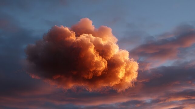 Fiery cloud illuminated by sunset over a twilight sky