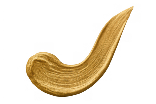 Golden acrylic paint brush stroke creating an abstract metallic art texture smear with transparent background