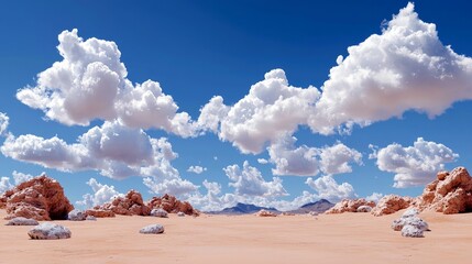 A wide, arid desert scene with scattered rocks and large, fluffy white clouds against a vibrant blue sky.