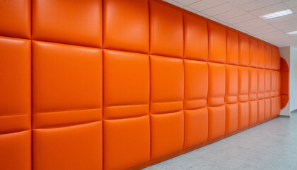 Orange soft artificial leather wall panel, textured surface background.