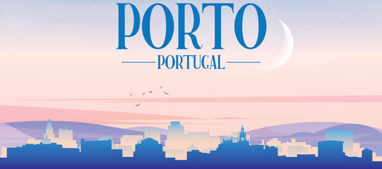 Panoramic poster of the city skyline with misty background buildings, hills sunrise, sunset and clouds of PORTO, PORTUGAL