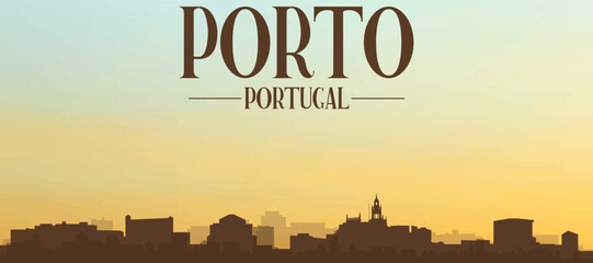 Panoramic poster of the city skyline with misty background buildings, hills sunrise, sunset and clouds of PORTO, PORTUGAL
