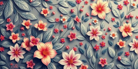 Intricate, stylized floral pattern with delicate leaves and blossoms,  swirls,  curves