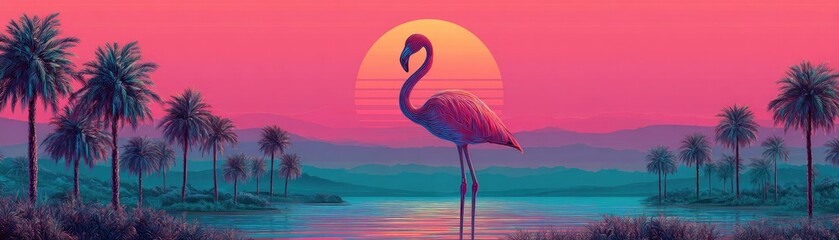 Fototapeta premium Vintage Florida postcard with iconic landmarks and vibes concept. A vibrant flamingo stands by a serene lake at sunset.