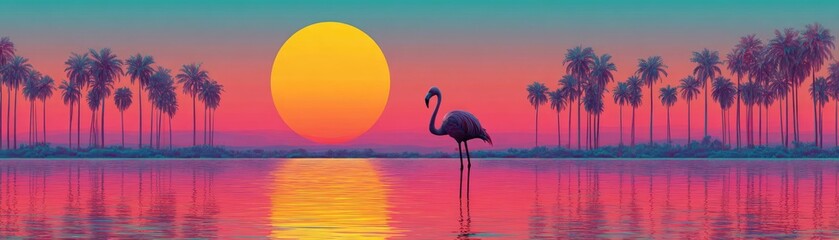 Naklejka premium Vintage Florida postcard with iconic landmarks and vibes concept. A serene sunset view with a flamingo by the tranquil water.