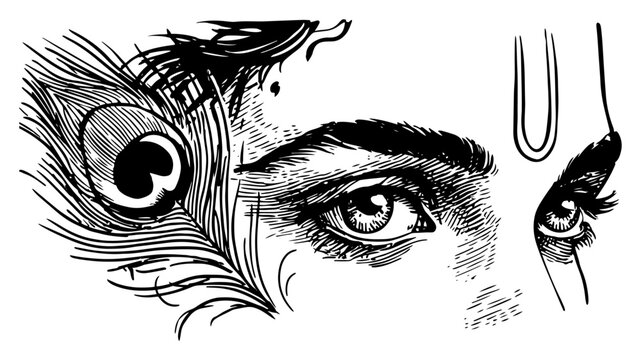 Close up detailed sketch of Lord Krishna eye with peacock feather and tilak on forehead hindu deity portrait vector illustration