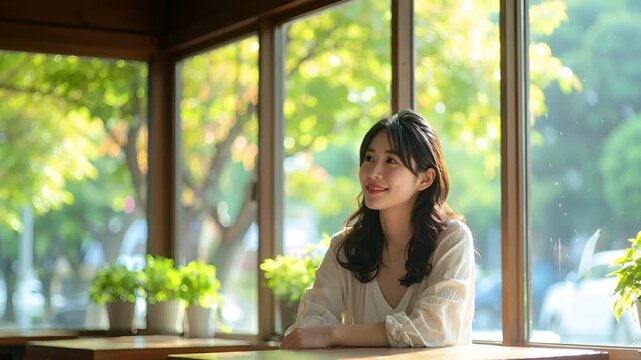自然光が差し込むカフェの窓辺で、日本人女性が柔らかく微笑みながら相手を見つめるシーン。
外のグリーンが背景に映り込み、明るく落ち着いた空気感が広がる。 - Powered by Adobe