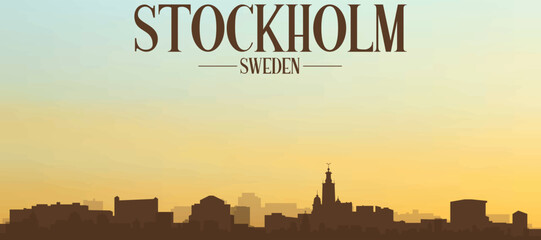 Panoramic poster of the city skyline with misty background buildings, hills sunrise, sunset and clouds of STOCKHOLM, SWEDEN