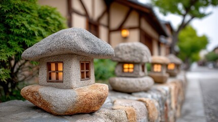 A picturesque scene of charming stone lanterns resembling tiny houses, nestled along a serene pathway, ideal for backgrounds in travel, landscaping, or home decor projects,
