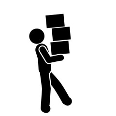 Busy stick figure walking carrying many items.