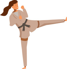Karate practitioner kicking high, demonstrating her martial arts skills during training