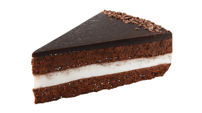 Chocolate cake slice with white cream filling and chocolate shavings isolated on a transparent background - Powered by Adobe