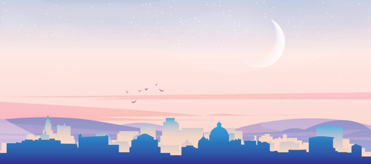 Panoramic poster of the city skyline with misty background buildings, hills sunrise, sunset and clouds of PRAGUE, CZECH REPUBLIC