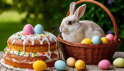 Easter Bunny in Basket with Rainbow Eggs Pastel Art