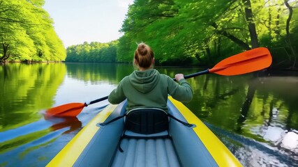 Woman kayaks down a serene river surrounded by lush green forest, enjoying a peaceful adventure. 4k high quality footage