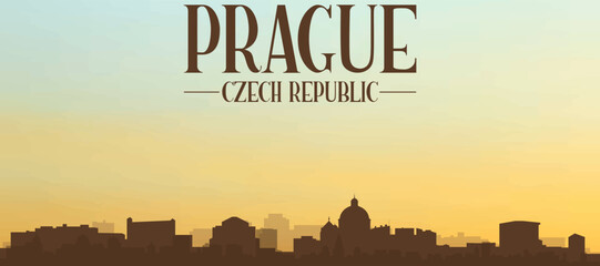 Panoramic poster of the city skyline with misty background buildings, hills sunrise, sunset and clouds of PRAGUE, CZECH REPUBLIC