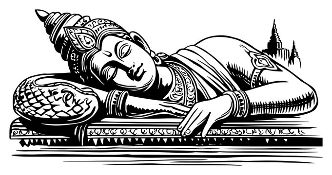 Hand drawn sketch of reclining buddha statue resting peacefully ancient stone sculpture vector illustration
