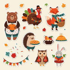Cute cartoon animals and autumnthemed objects including a bear, turkey, fox, hedgehog, owl, and rabbit, celebrating thanksgiving with pumpkin pie, basket, and leaves
