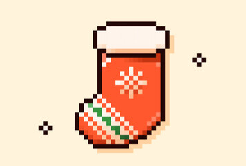 Pixel art Christmas stocking with a color design.