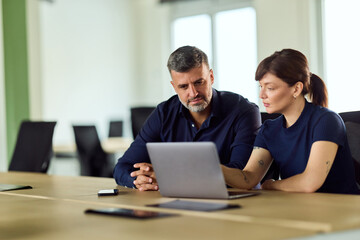 Focused Team Collaborating Over Laptop in Modern Office Workspace for Business Project Meeting Discussion Strategy