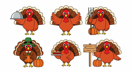 Obraz premium Cartoon turkeys in various festive activities, including cooking, farming, and celebrating, illustrated in a playful style