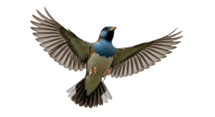Small colorful bird in mid-flight isolated on white background, blue head, orange chest, green-olive wings, detailed feathers with wings fully spread, soft even lighting showcasing vibrant plumage and